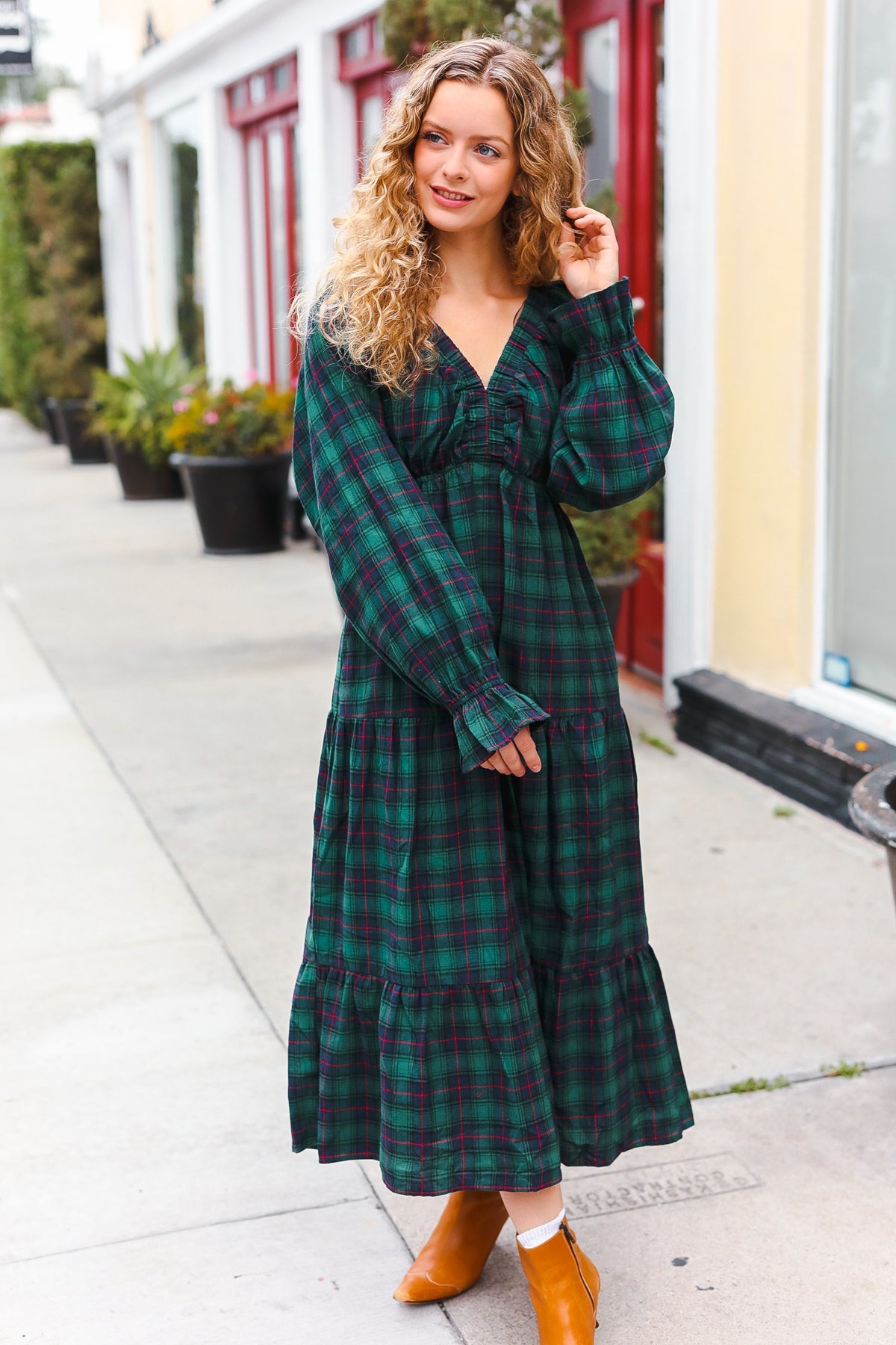 Hunter Green Plaid Elastic V Neck Tiered Maxi Dress