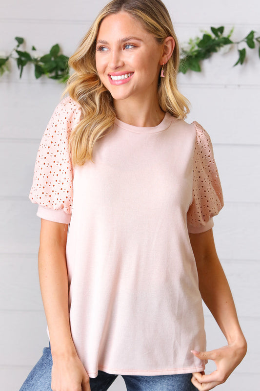 Peach Eyelet Puff Sleeve Top