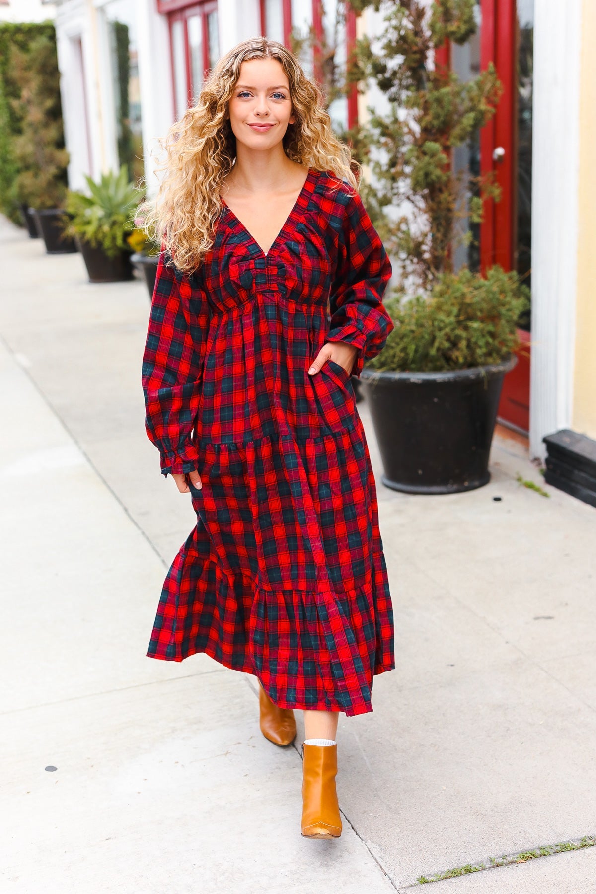 Red Plaid Elastic V Neck Tiered Maxi Dress