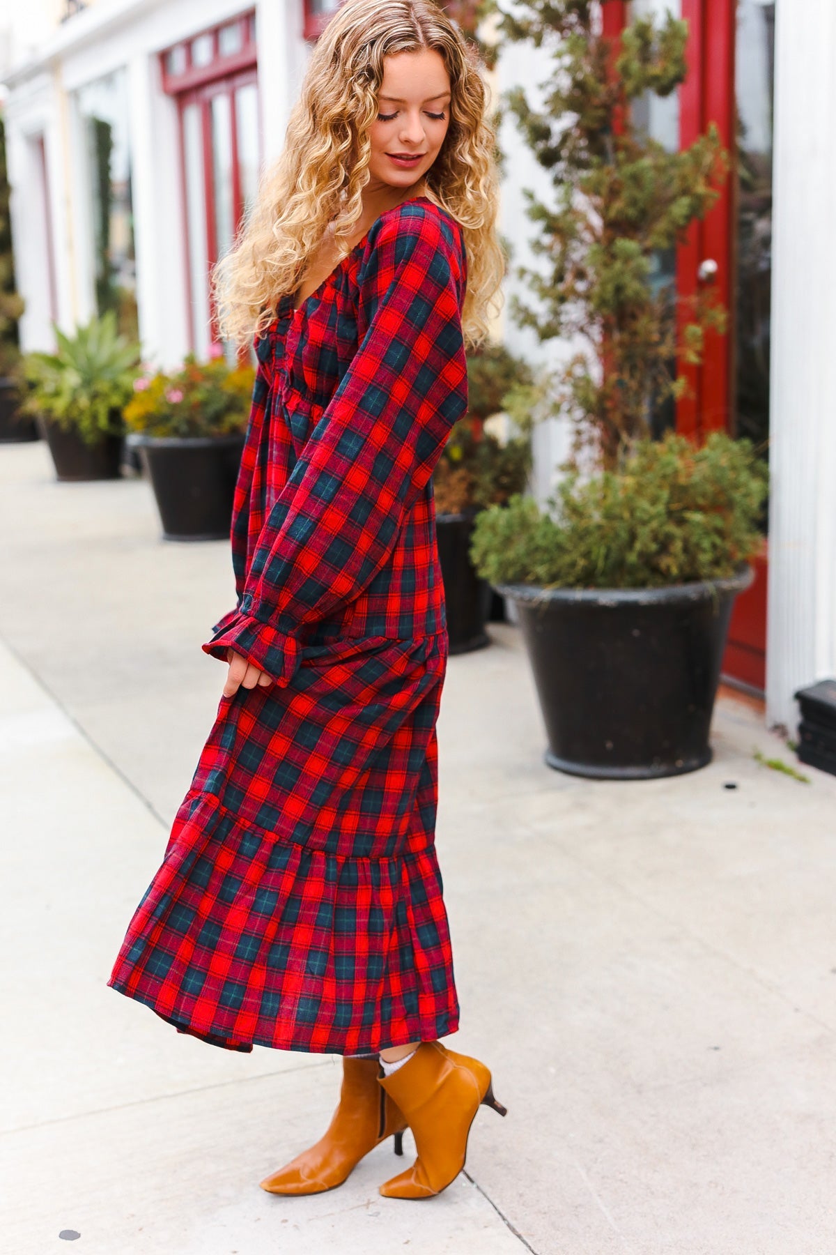 Red Plaid Elastic V Neck Tiered Maxi Dress