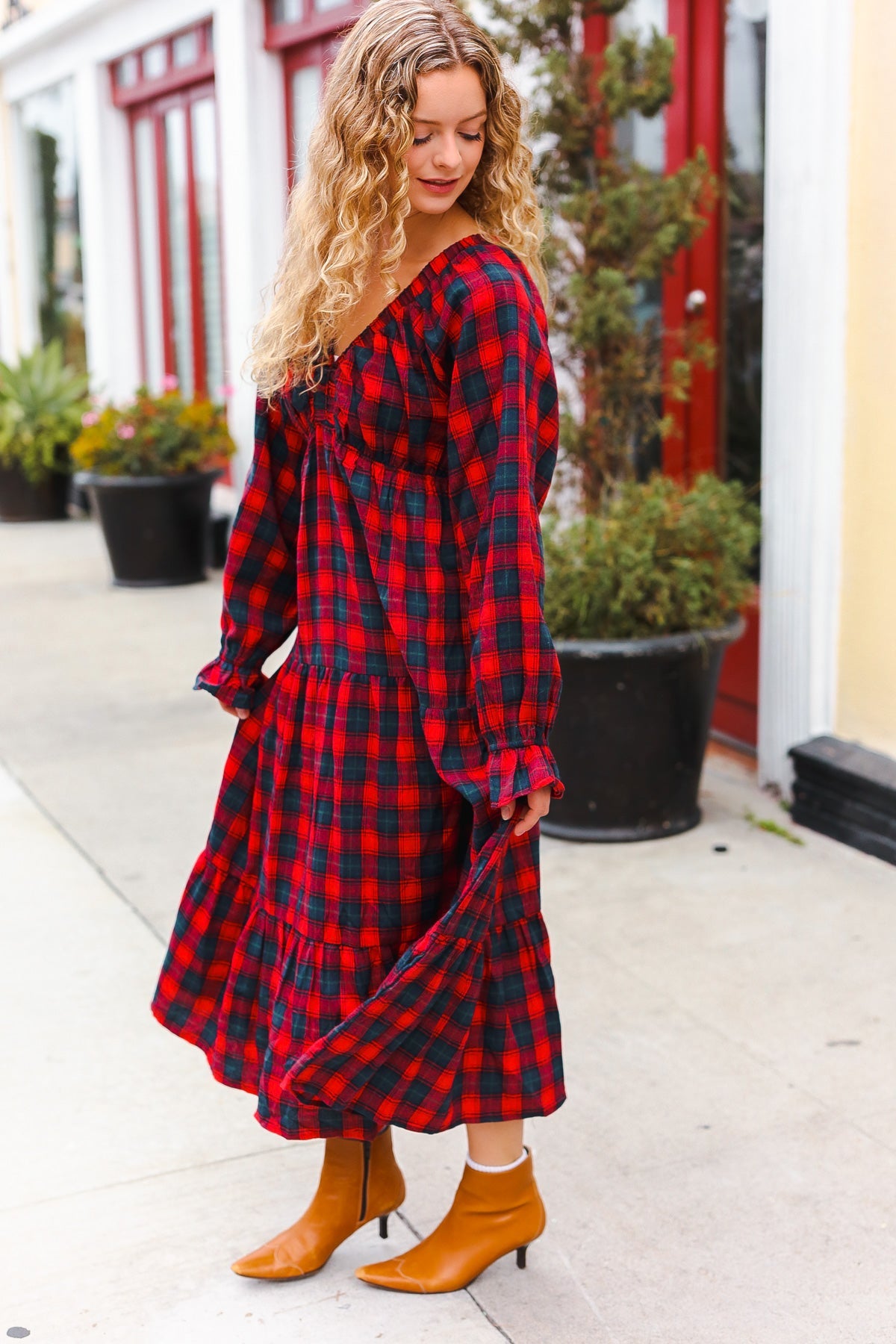 Red Plaid Elastic V Neck Tiered Maxi Dress