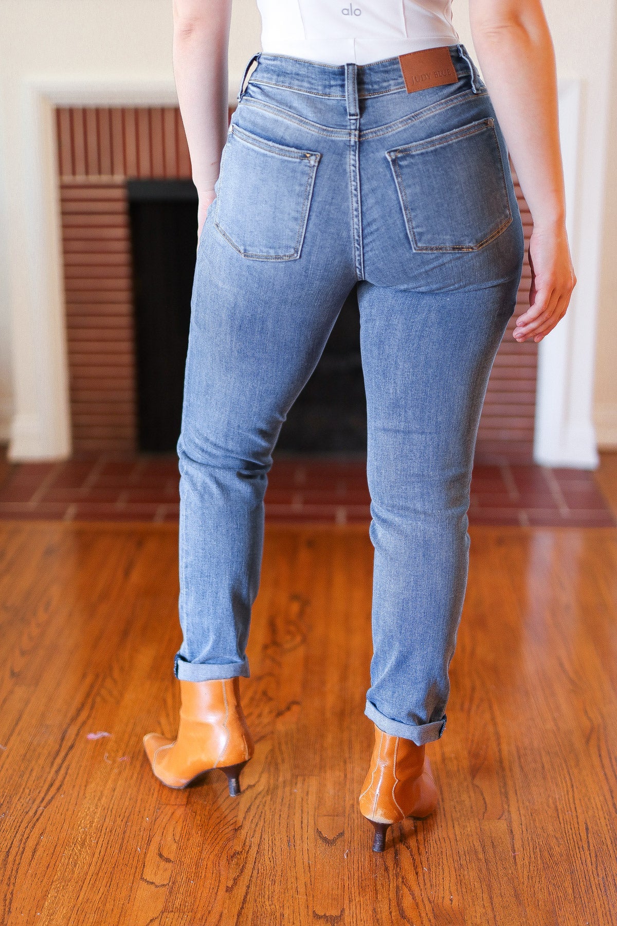 Medium Blue Mid-Rise Slim Fit Cuffed Jeans