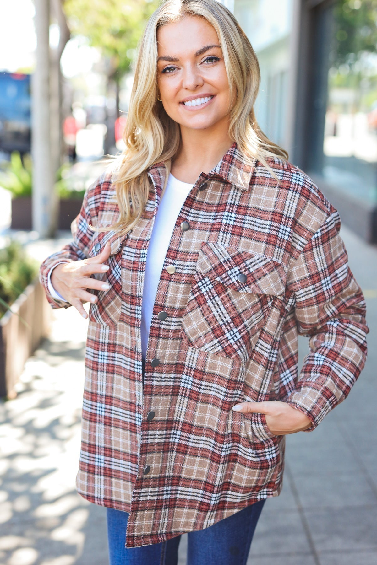 Taupe Plaid Quilt Lined Button Down Shacket