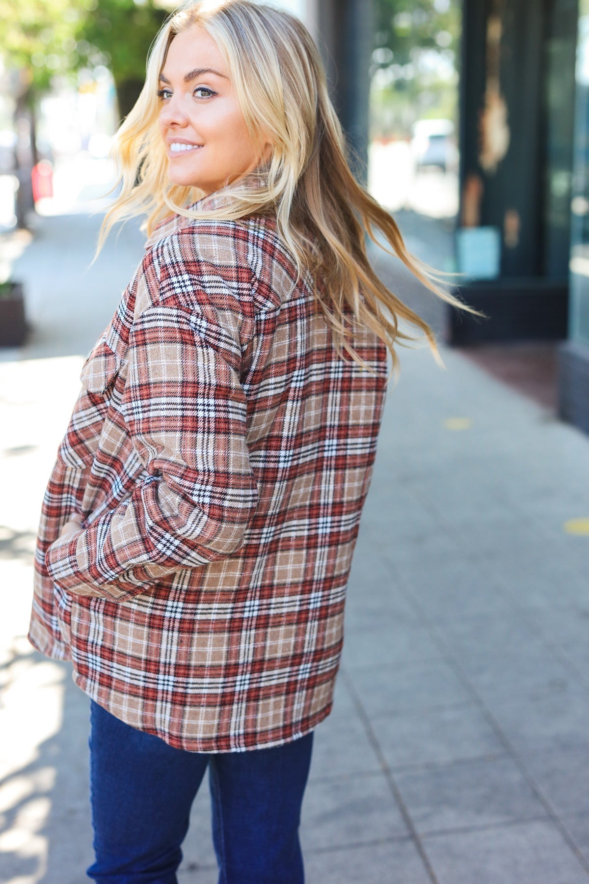 Taupe Plaid Quilt Lined Button Down Shacket