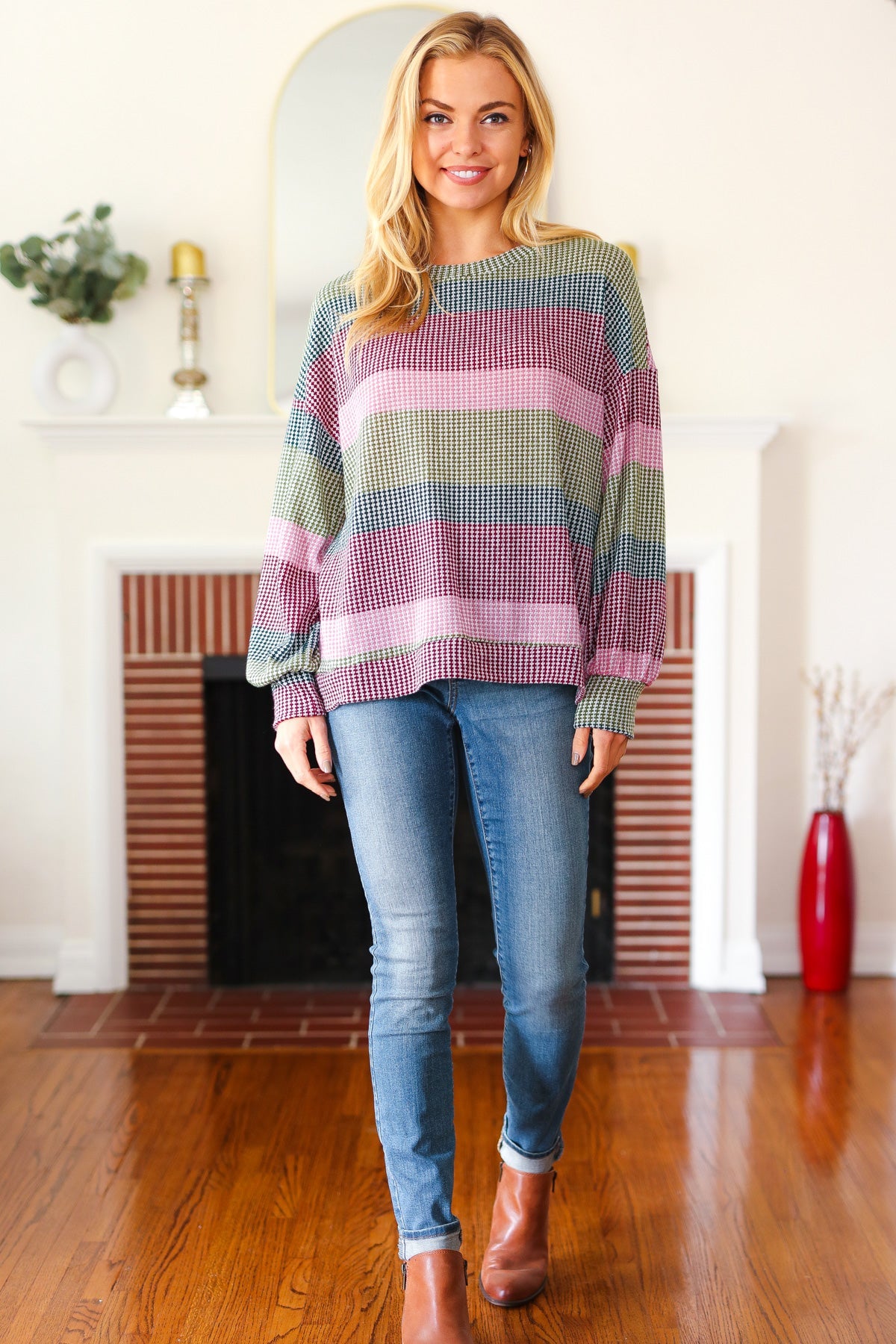 Olive & Burgundy Striped Textured Knit Top