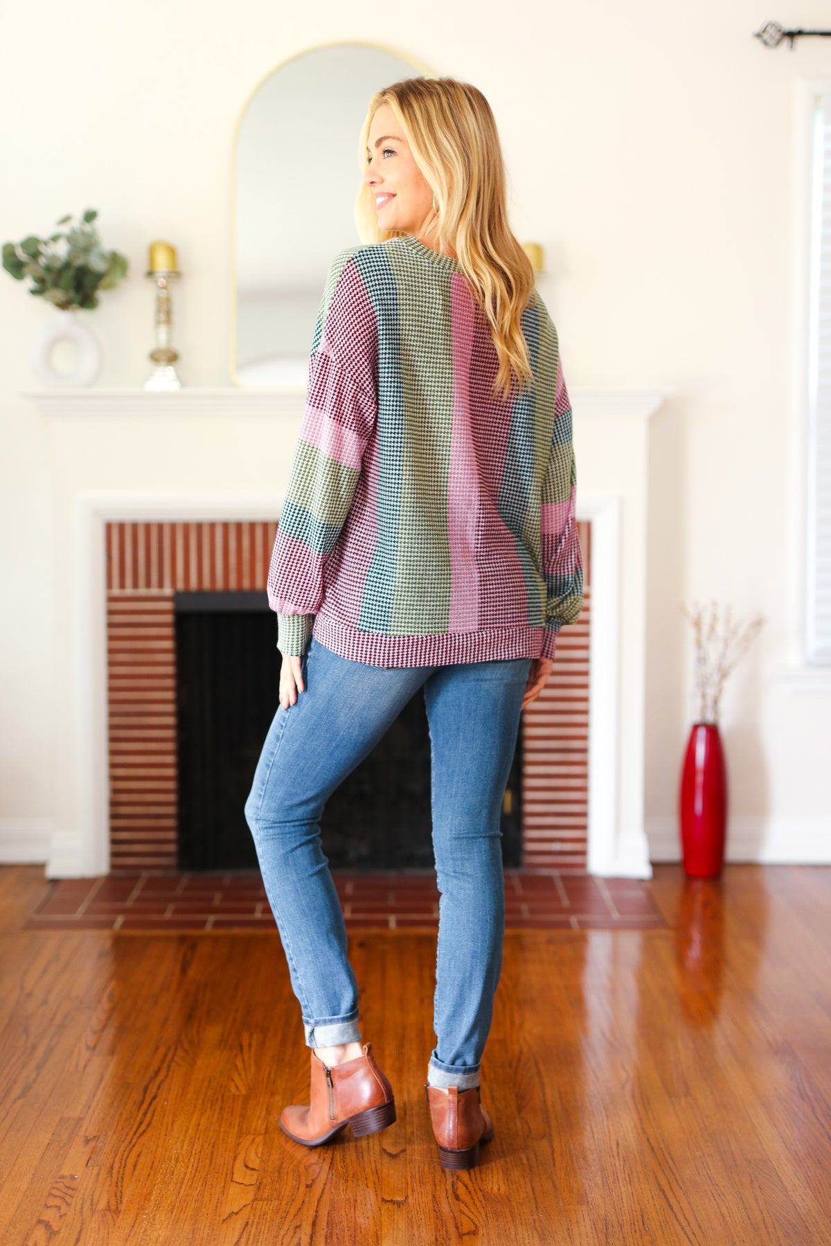 Olive & Burgundy Striped Textured Knit Top