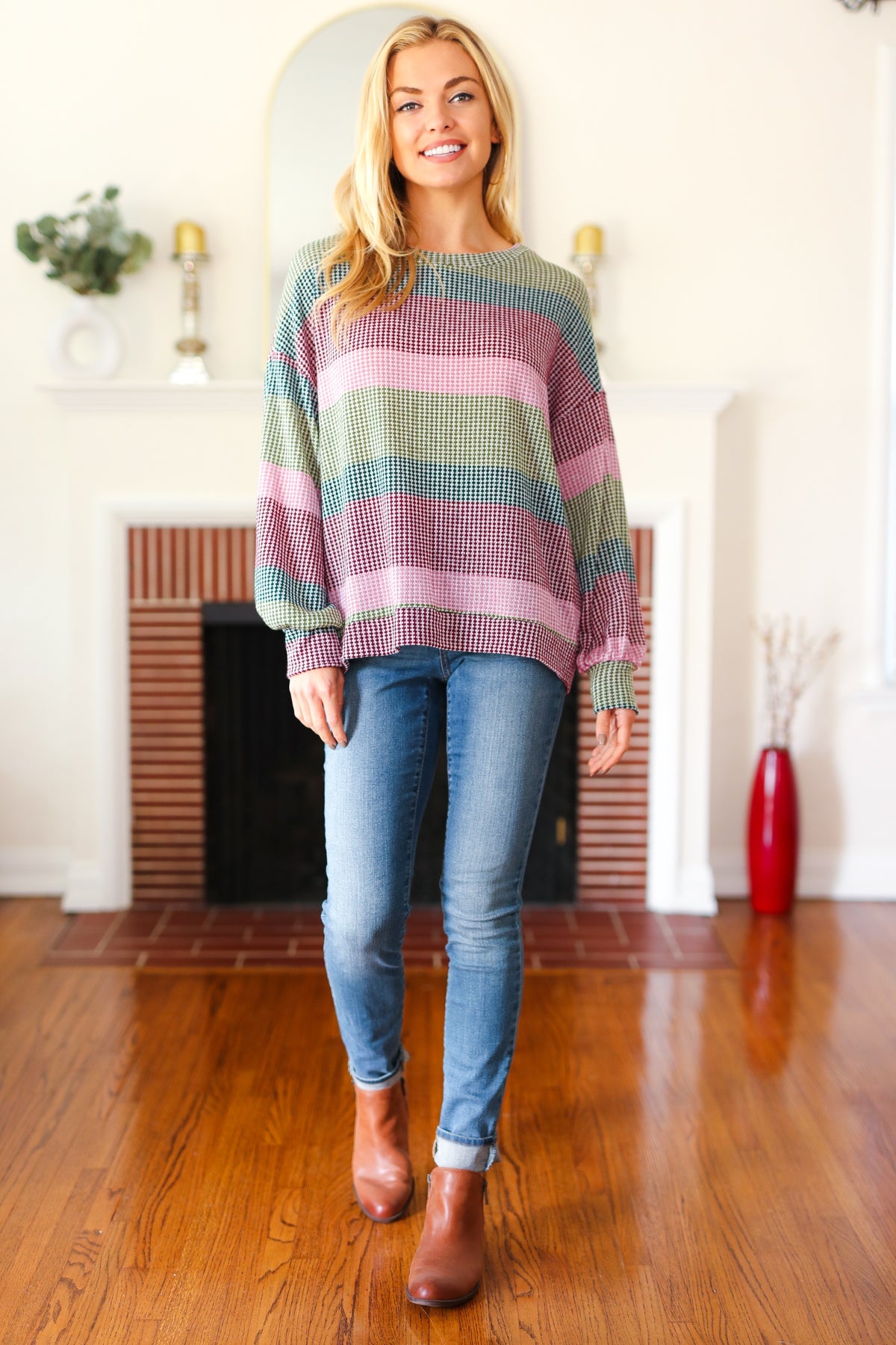 Olive & Burgundy Striped Textured Knit Top