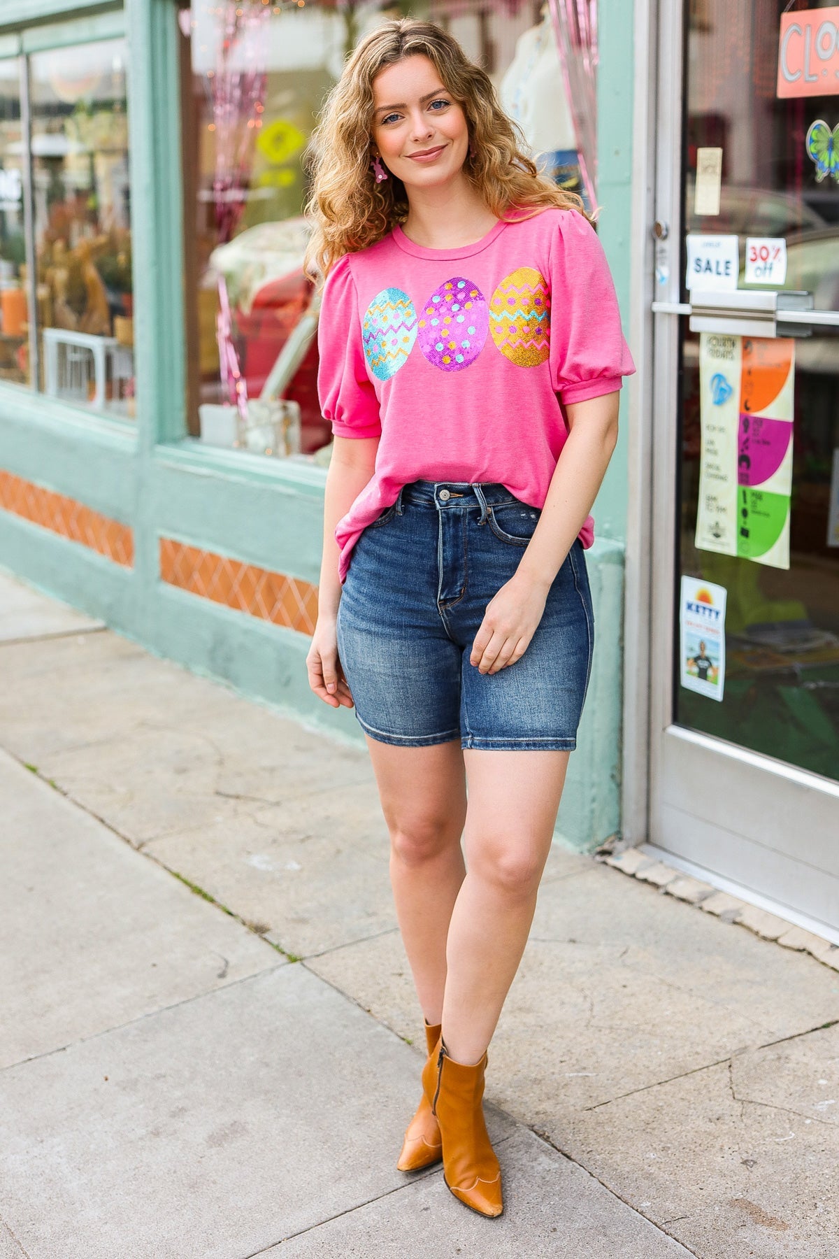 Hot Pink Sequin Easter Egg Terry Top