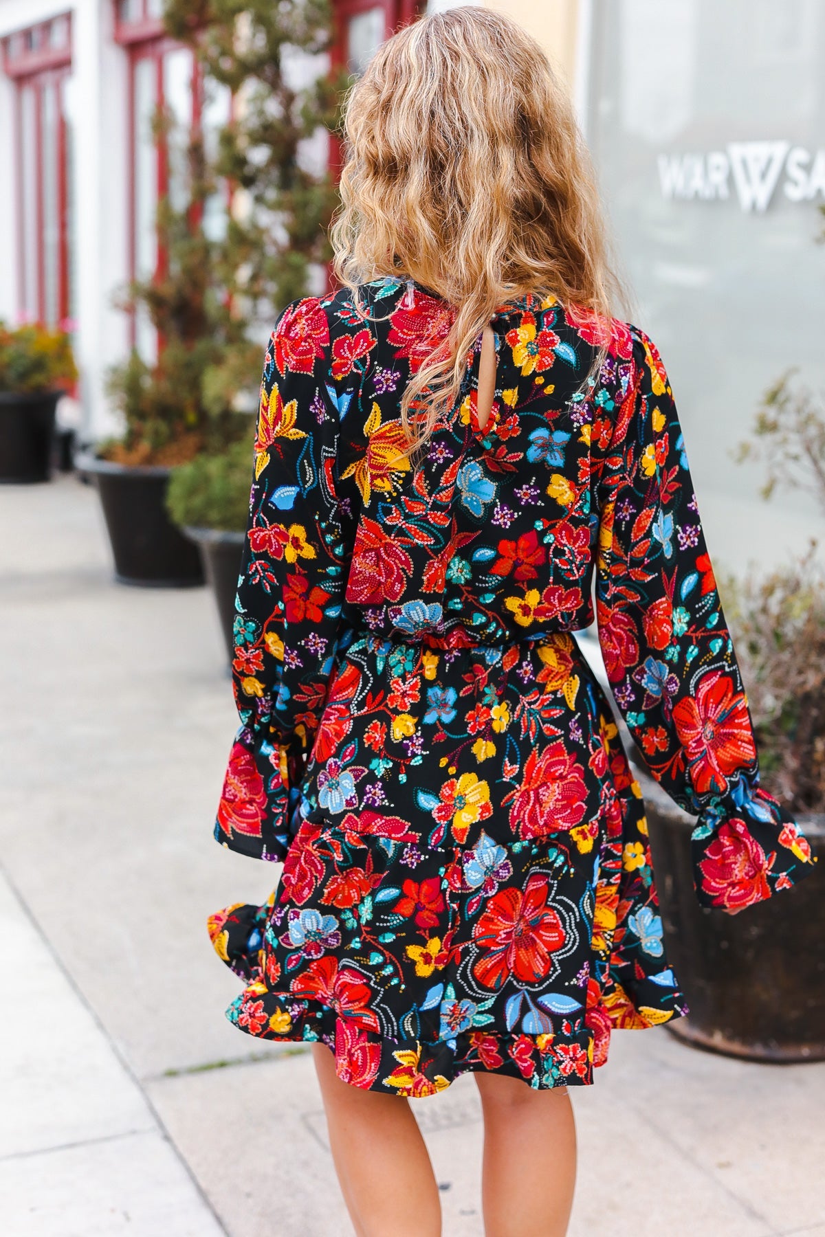 Black Floral Sequin Print Ruffle Sleeve Frill Mock Neck Dress