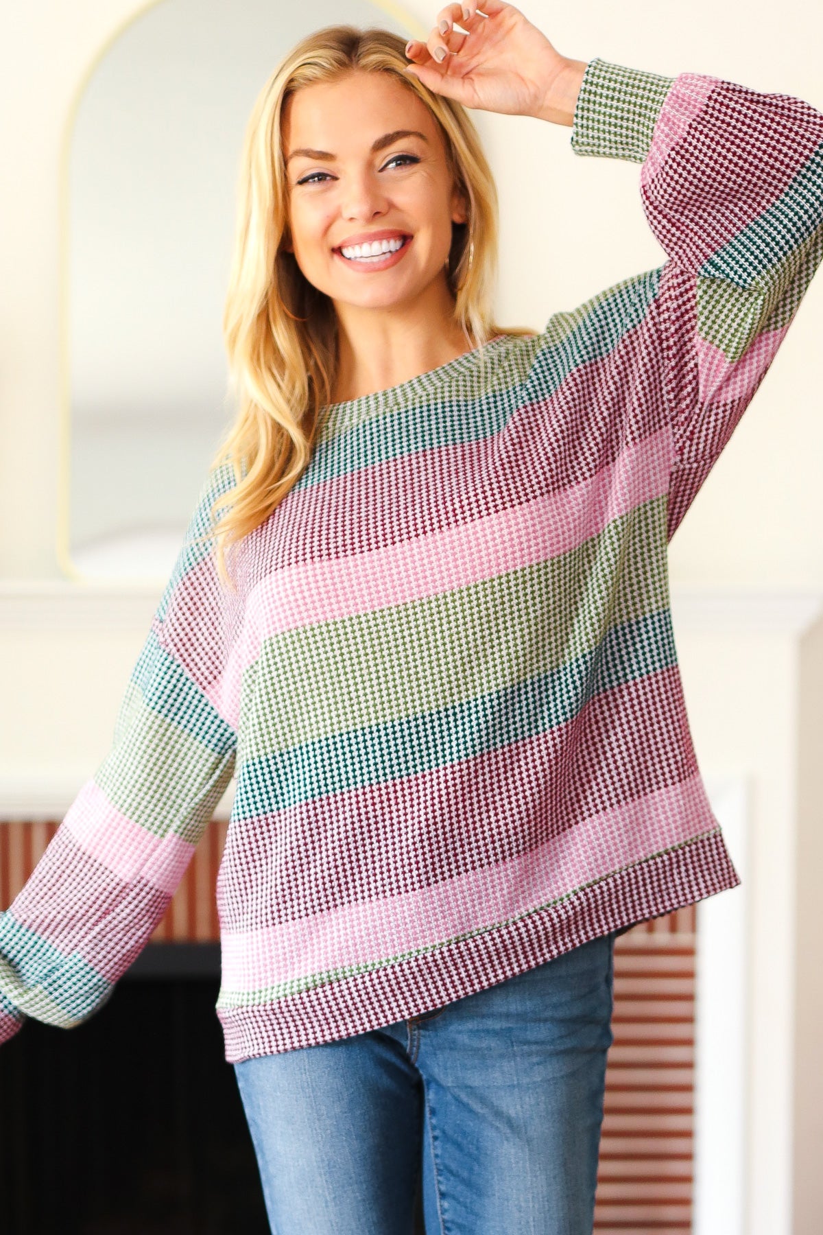 Olive & Burgundy Striped Textured Knit Top