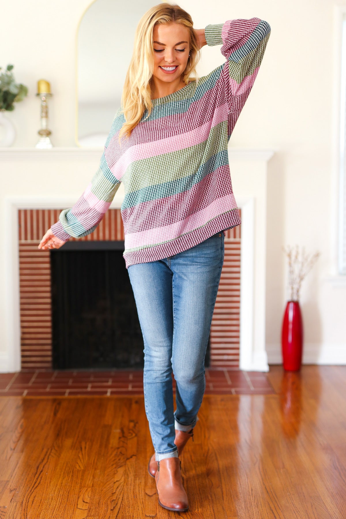 Olive & Burgundy Striped Textured Knit Top