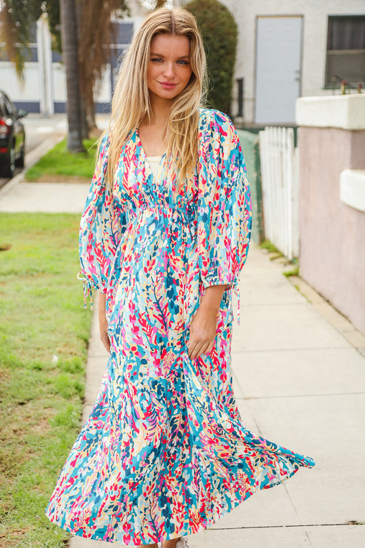 Blue Floral Tie Balloon Sleeve Midi Dress