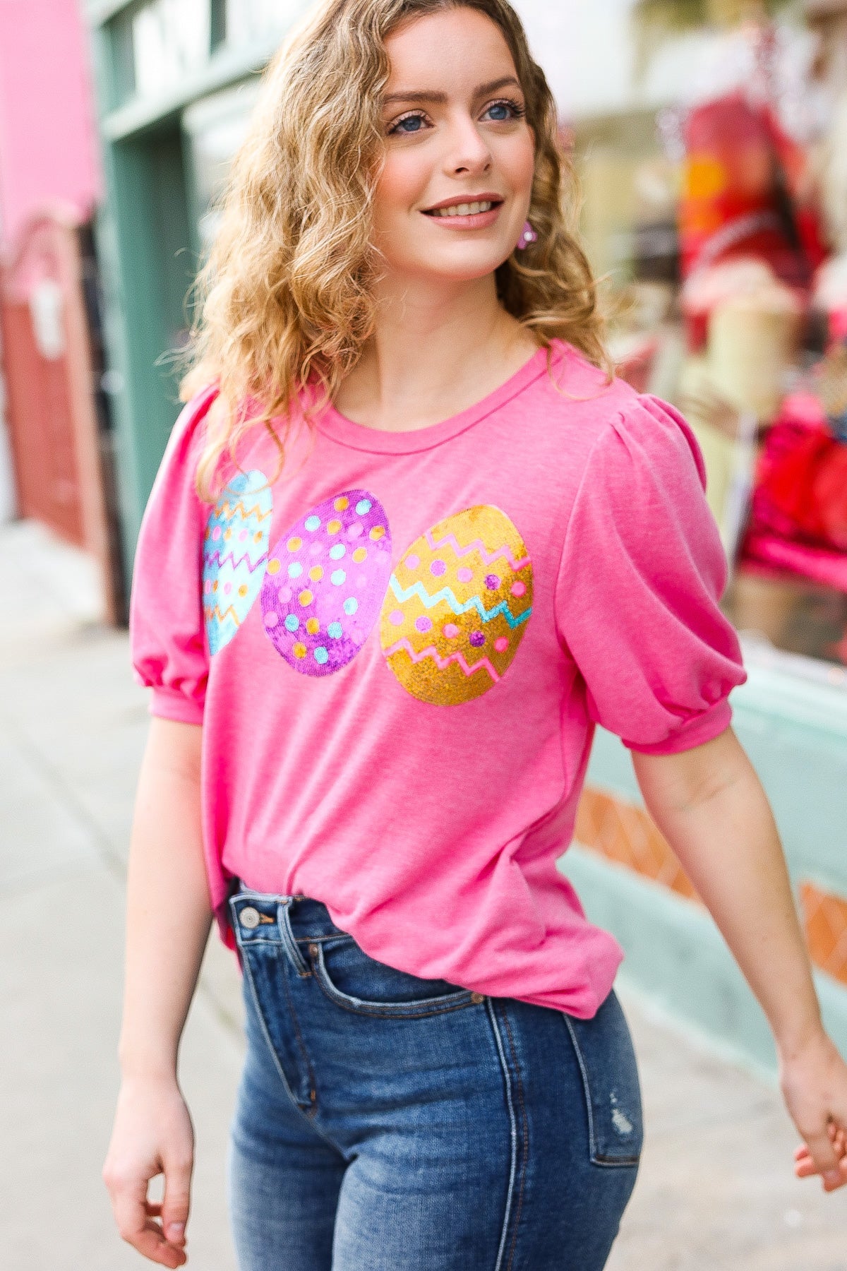 Hot Pink Sequin Easter Egg Terry Top