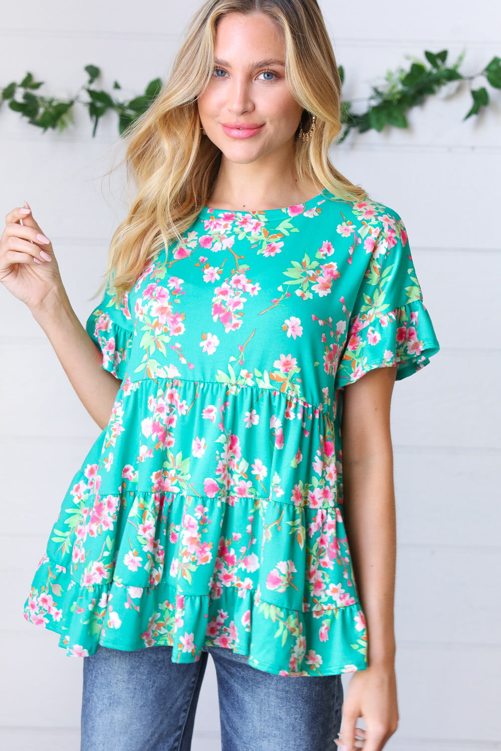 Teal Floral Frill Ruffle Hem Tiered Swing Top