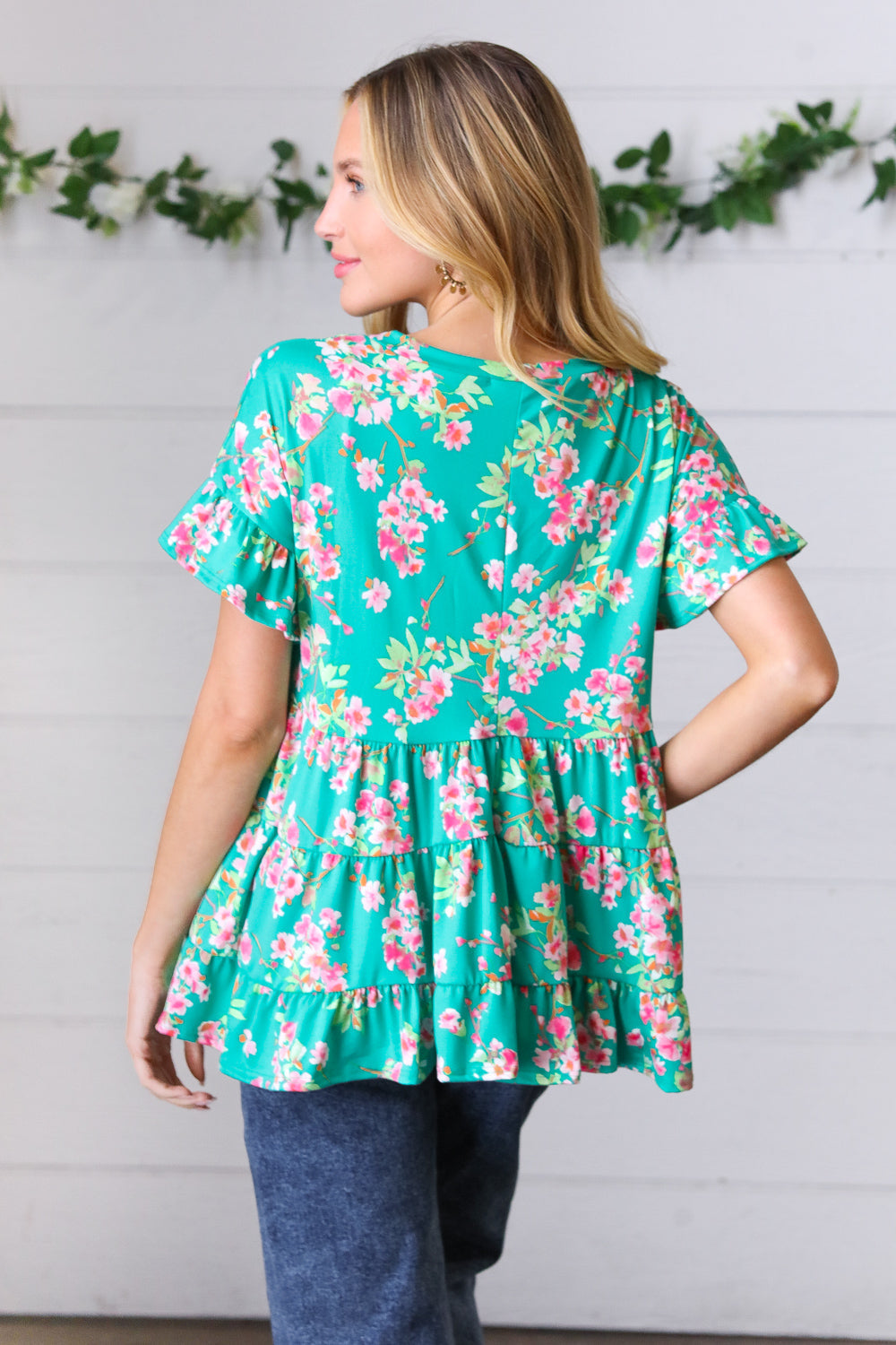 Teal Floral Frill Ruffle Hem Tiered Swing Top