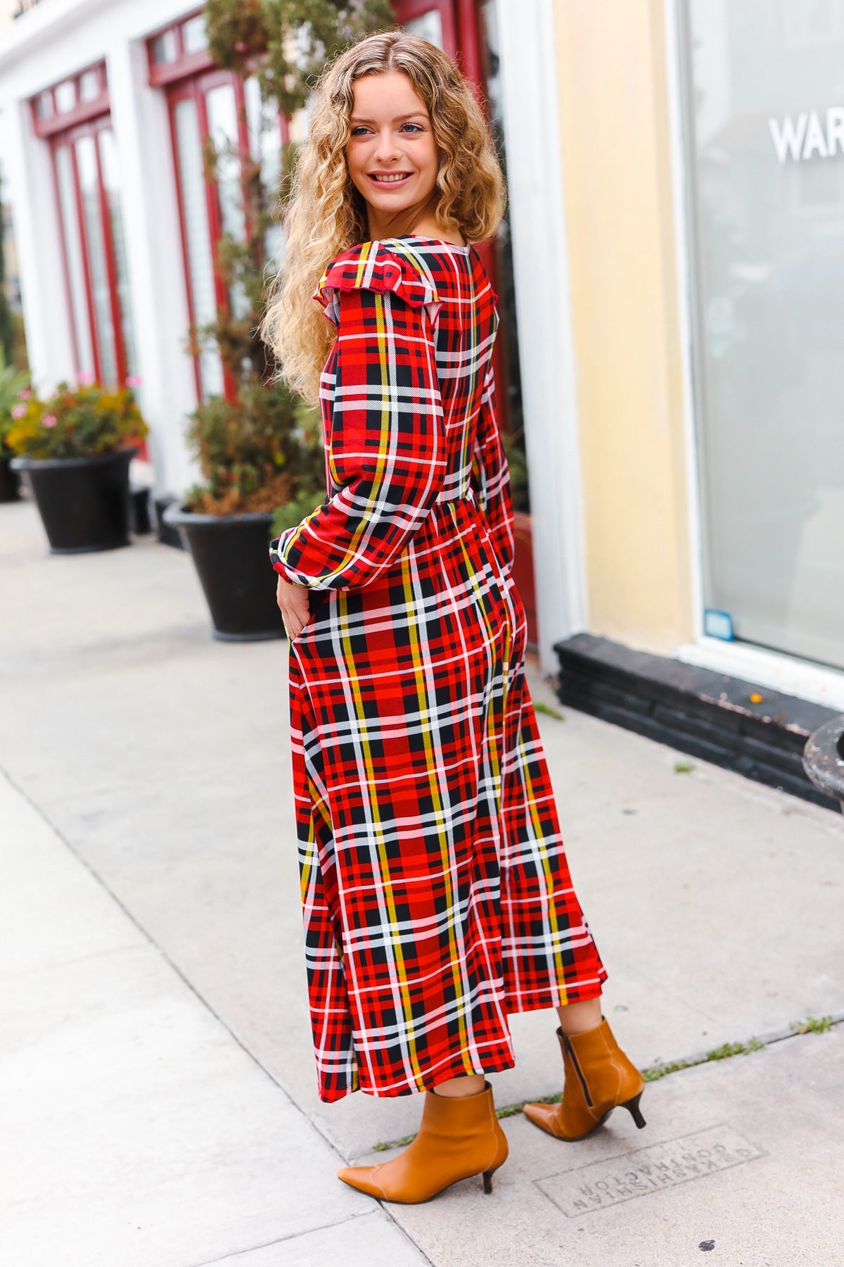 Red Plaid Ruffle Detail Maxi Dress