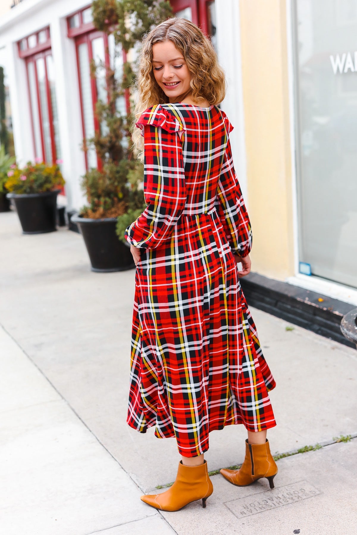 Red Plaid Ruffle Detail Maxi Dress