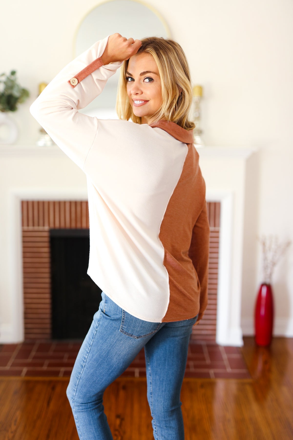 Rust Half & Half Collared Notched Neck Top