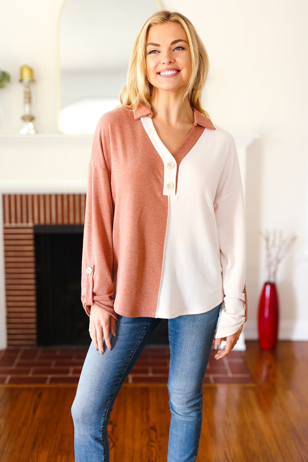 Rust Half & Half Collared Notched Neck Top