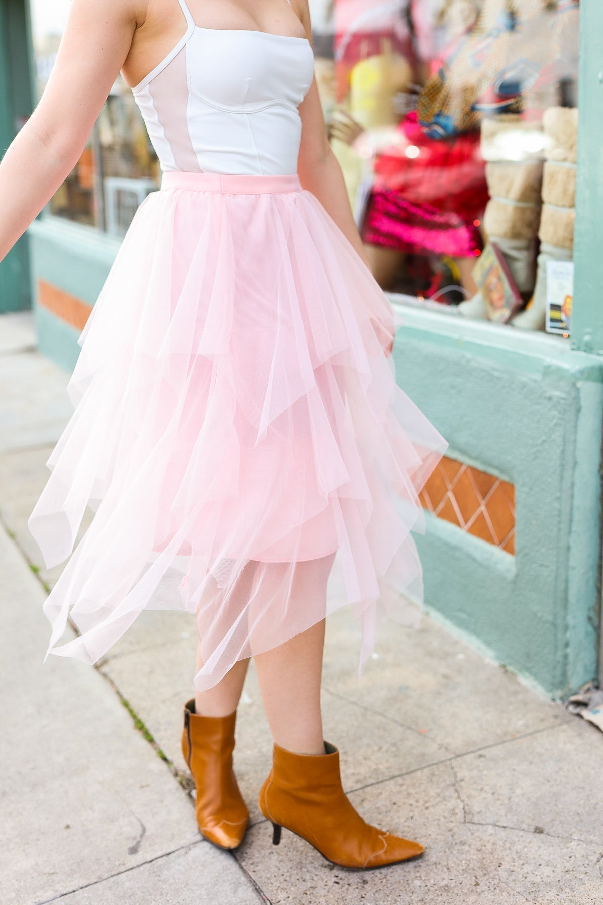 Blush Asymmetric Tiered Tulle Midi Skirt