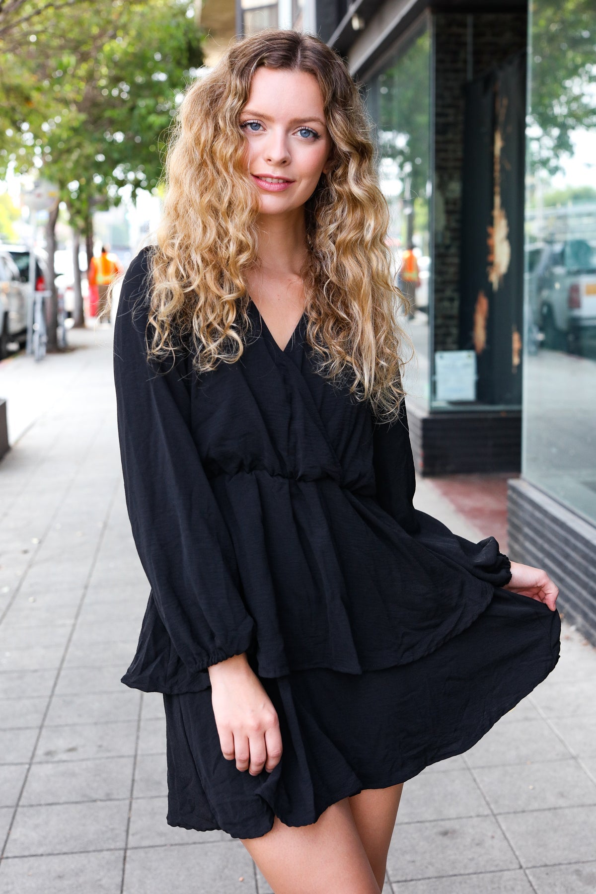 Black Surplice Tiered Woven Dress