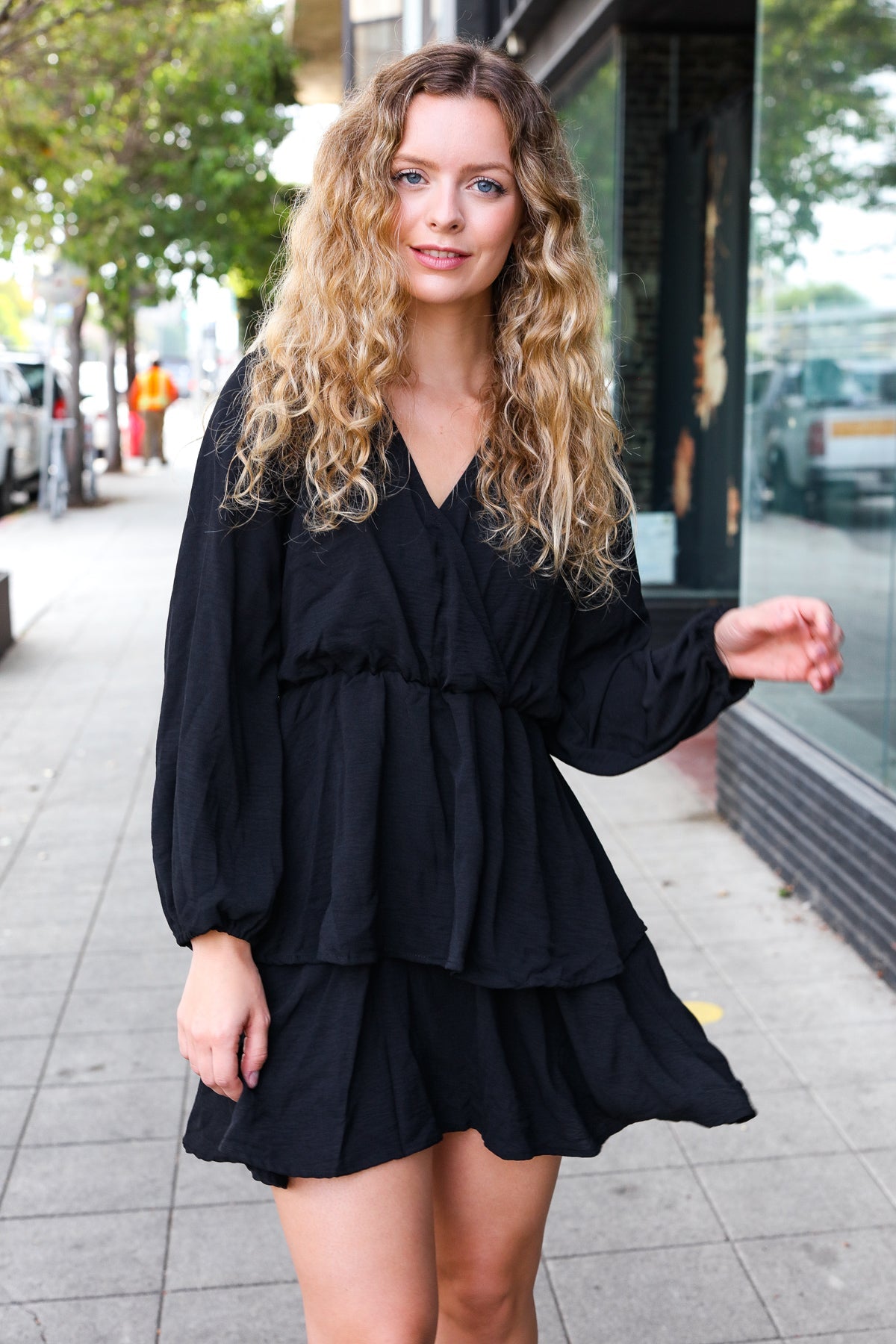 Black Surplice Tiered Woven Dress