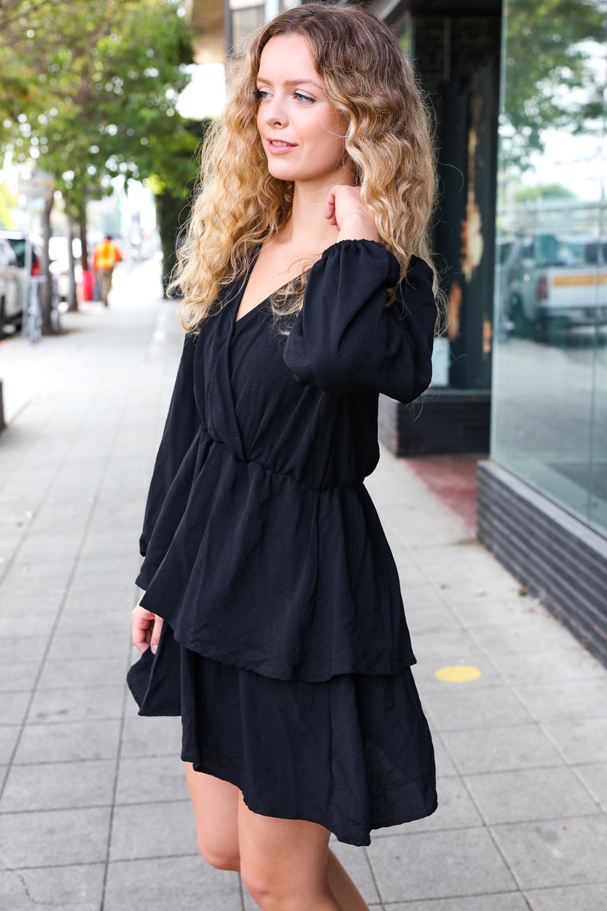 Black Surplice Tiered Woven Dress