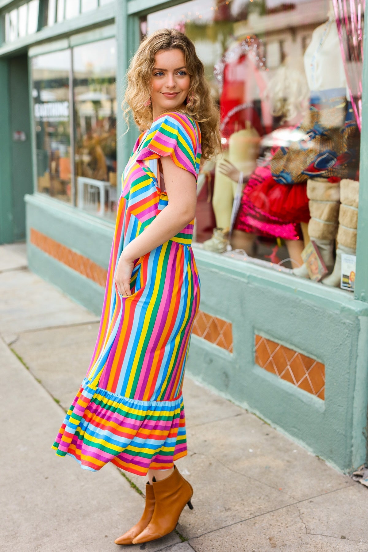 Rainbow Stripe Flutter Sleeve Fit & Flare Midi Dress