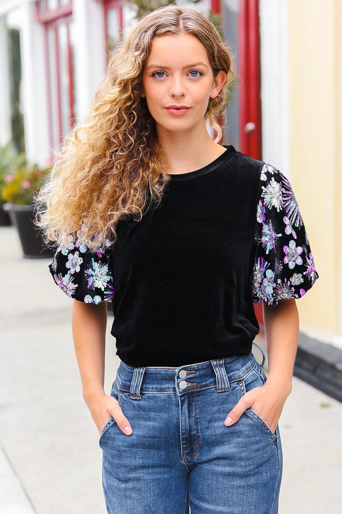 Black Floral Sequin Puff Sleeve Velvet Top