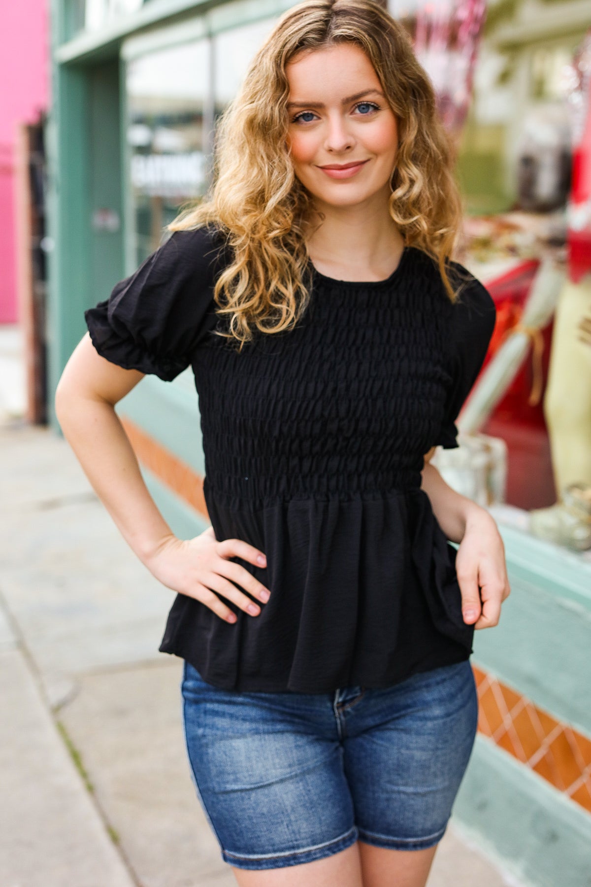 Black Smocked Peplum Puff Sleeve Top