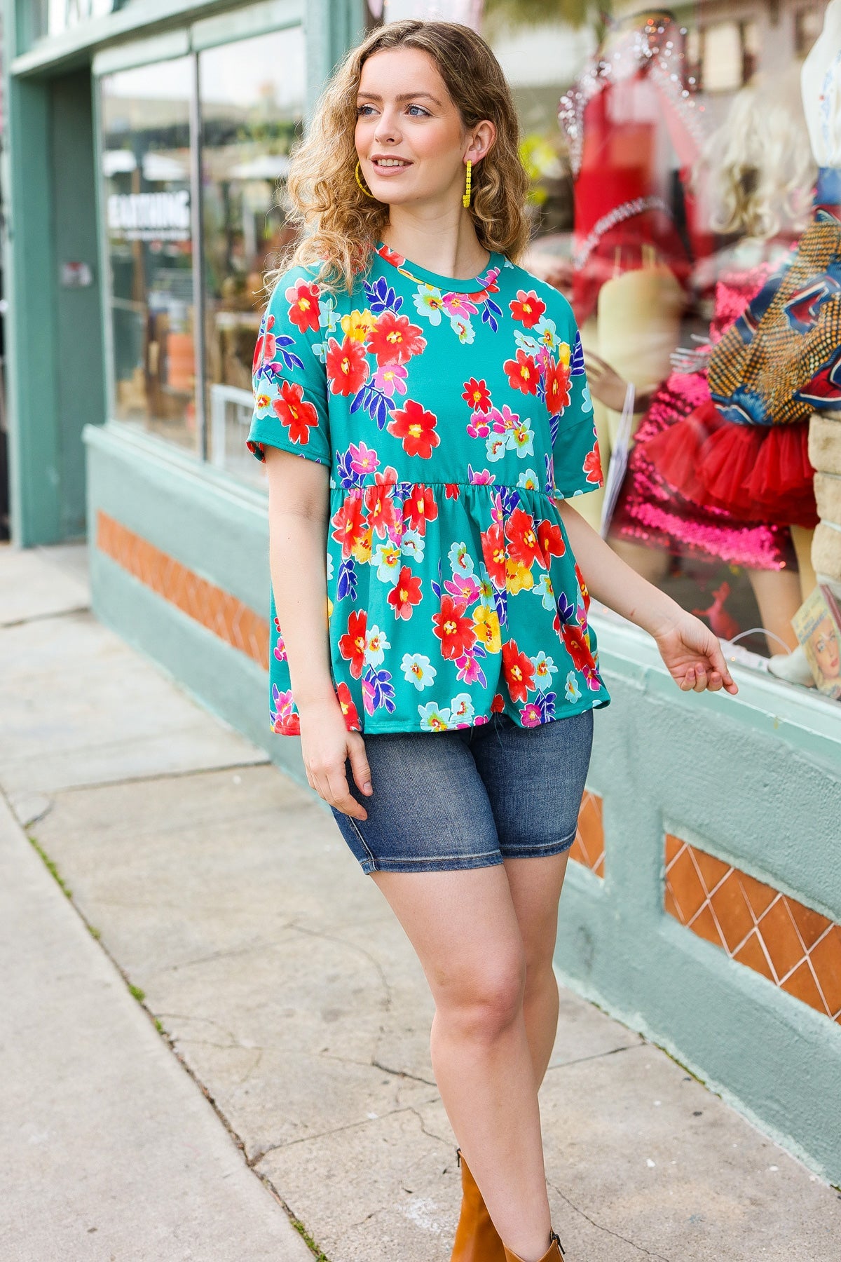 Teal Floral Drop Shoulder Babydoll Top