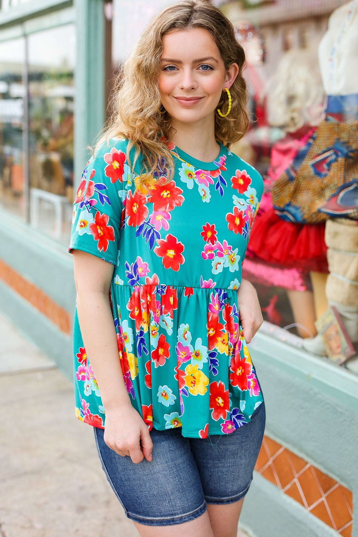 Teal Floral Drop Shoulder Babydoll Top