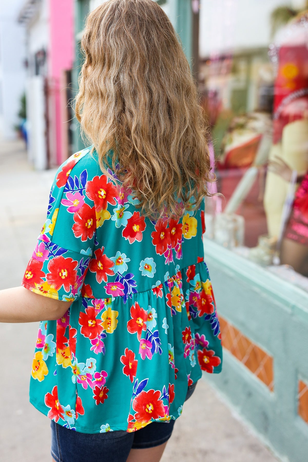 Teal Floral Drop Shoulder Babydoll Top