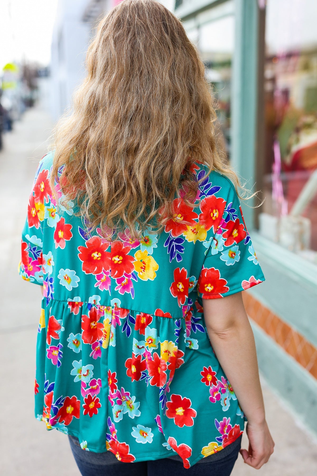 Teal Floral Drop Shoulder Babydoll Top