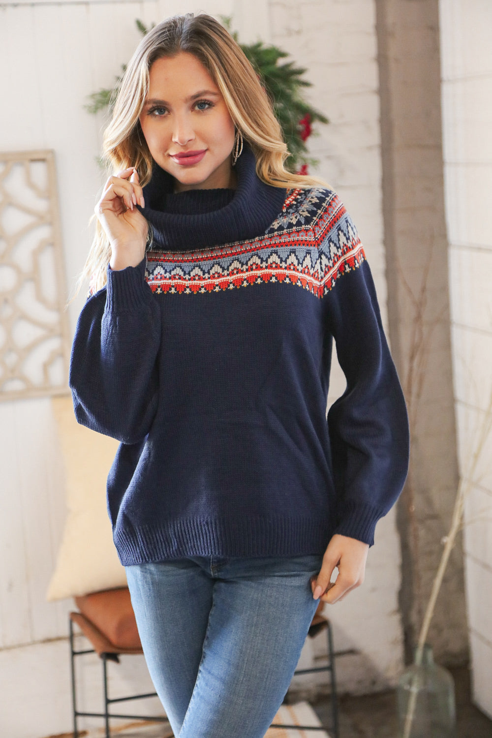 Navy Holiday Pattern Bubble Sleeve Cowl Neck