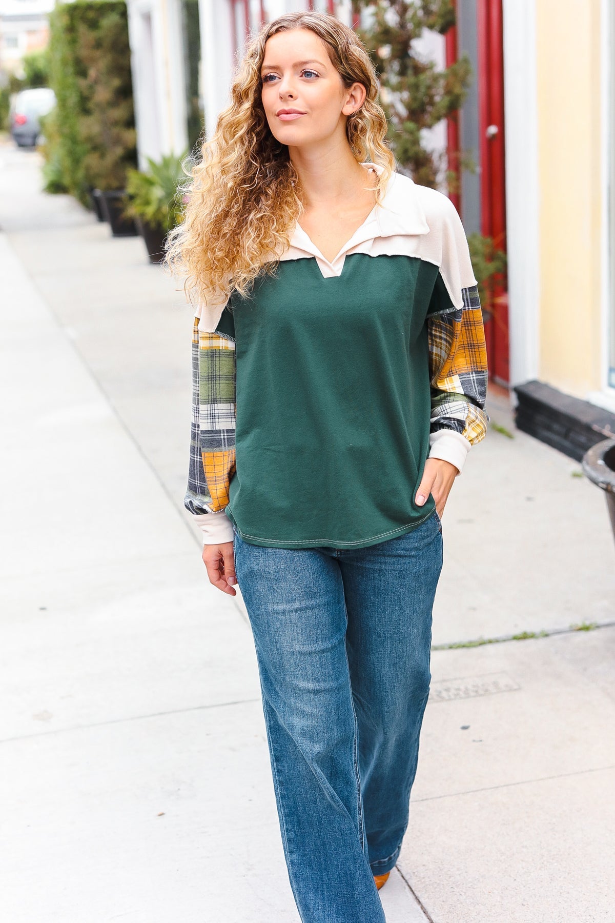 Hunter Green Plaid Color Block Collared Terry Top