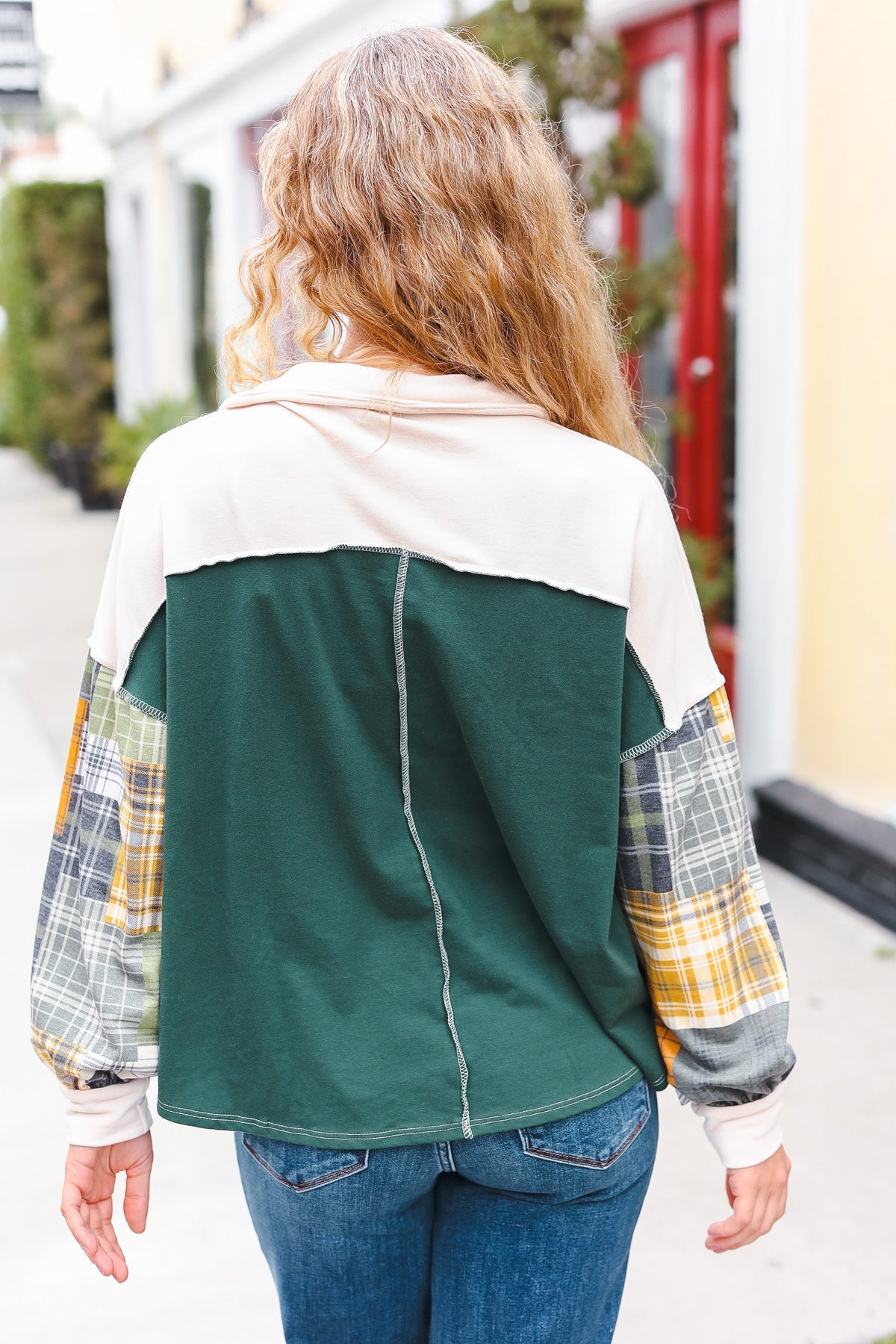 Hunter Green Plaid Color Block Collared Terry Top