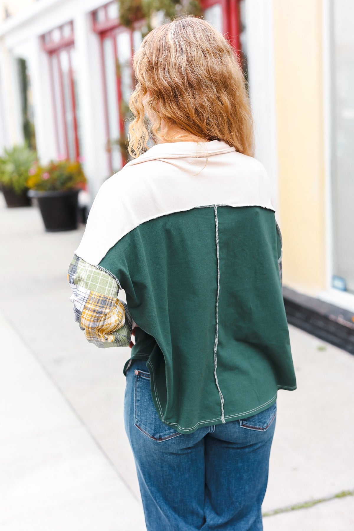 Hunter Green Plaid Color Block Collared Terry Top