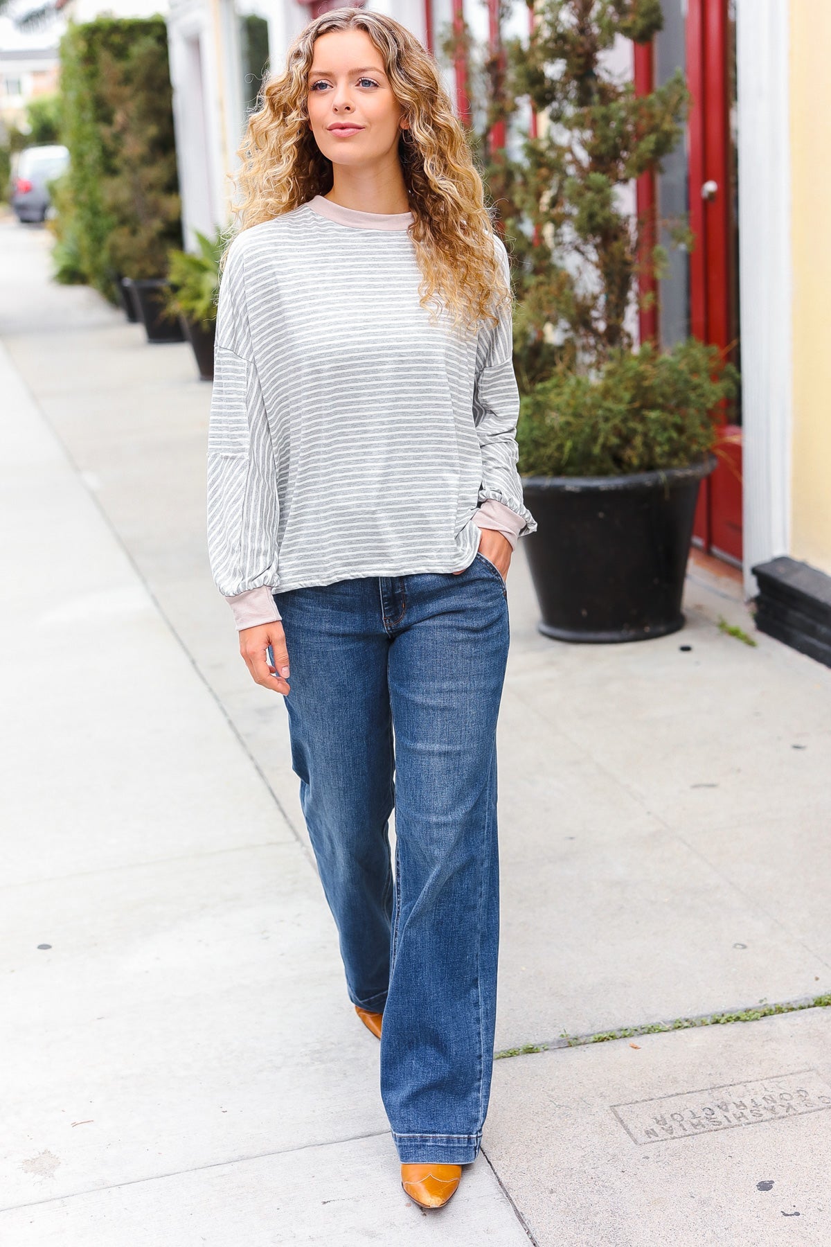 Grey & Ivory Striped Oversized Top