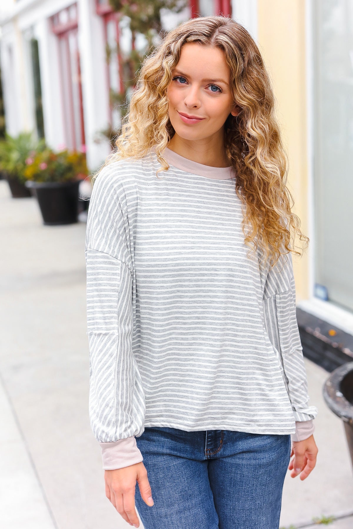 Grey & Ivory Striped Oversized Top