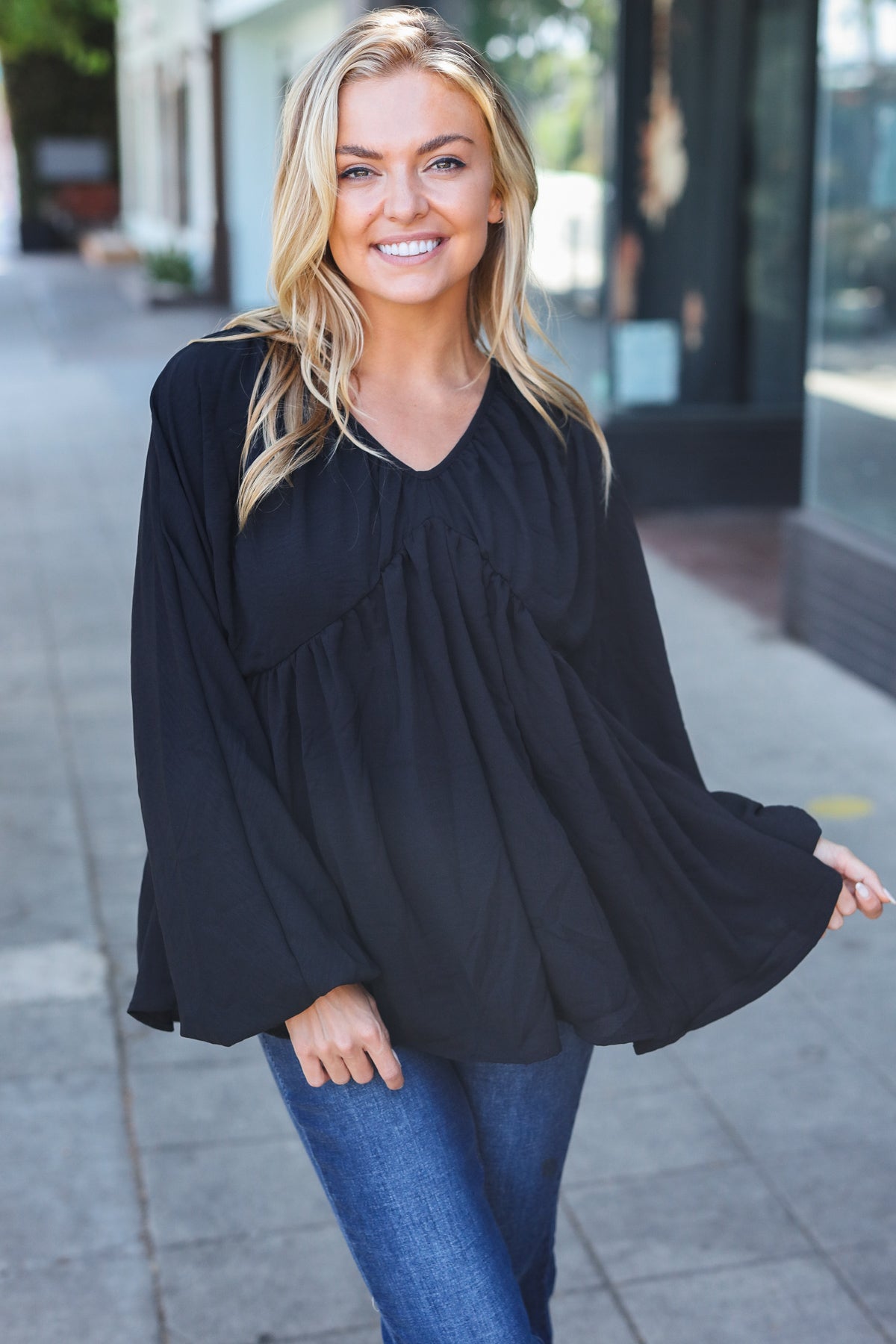 Black V Neck Babydoll Woven Top