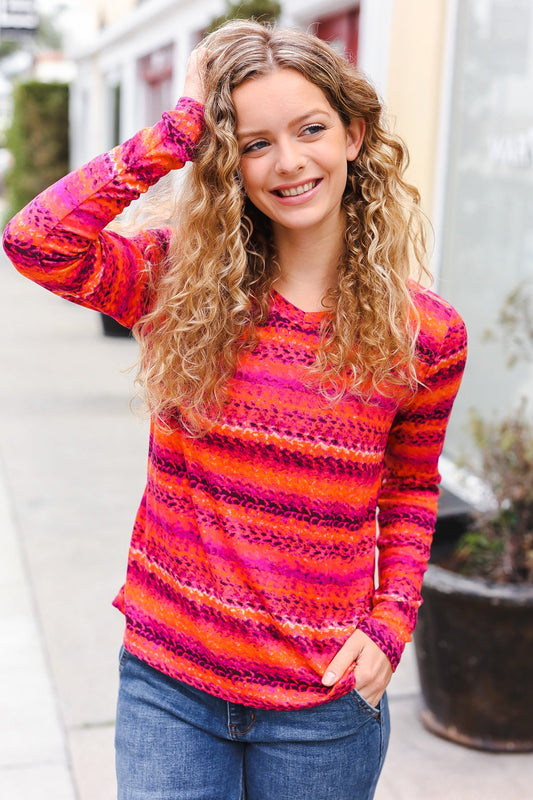 Magenta Orange Striped Cable Knit Print Hacci Top