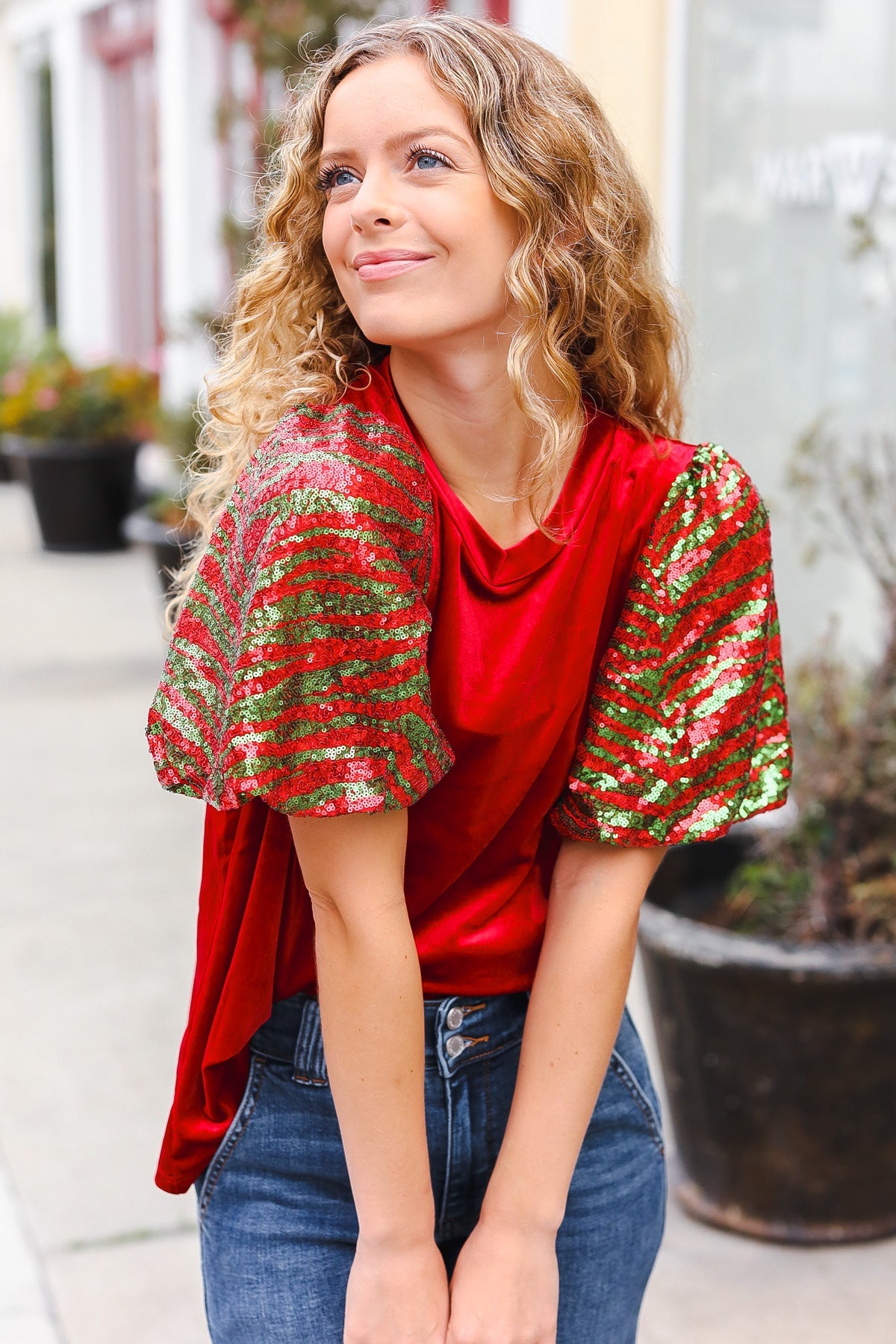 Red & Green Sequin Puff Sleeve Velvet Top