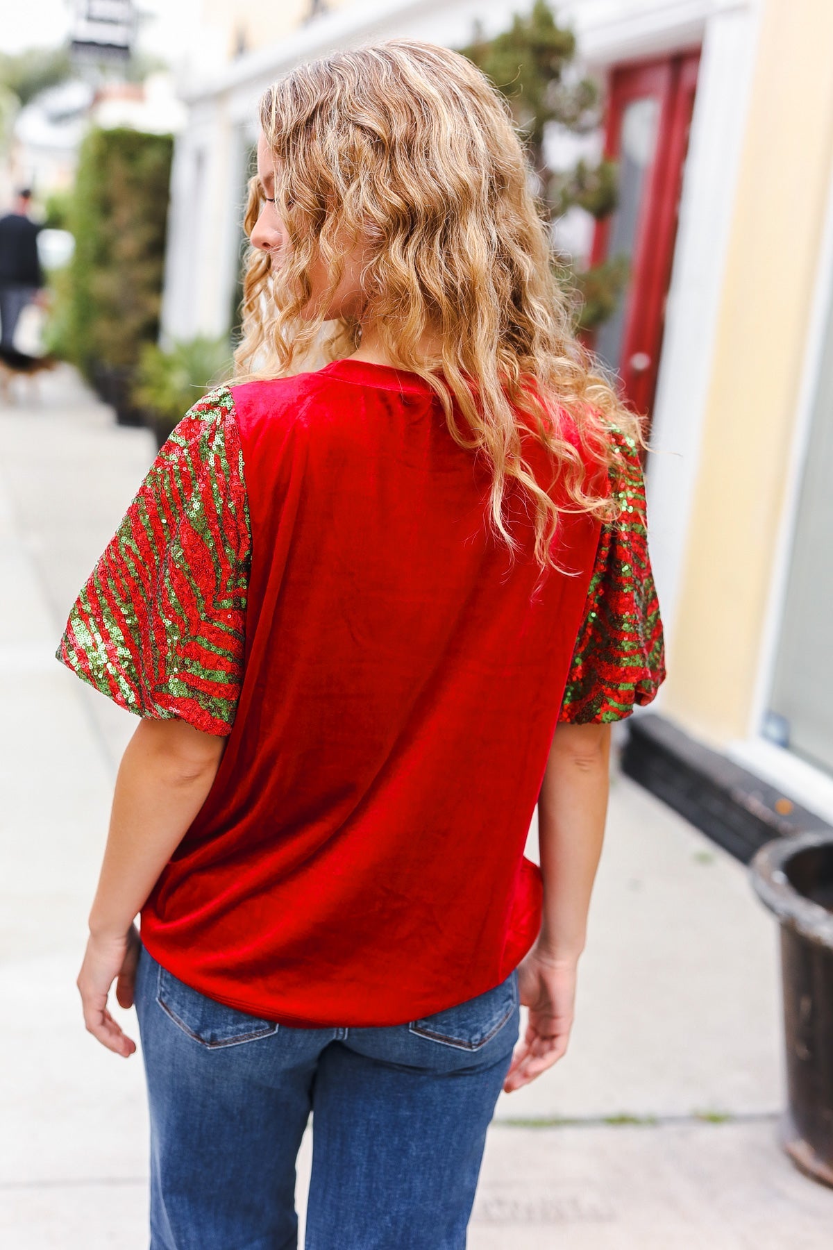 Red & Green Sequin Puff Sleeve Velvet Top