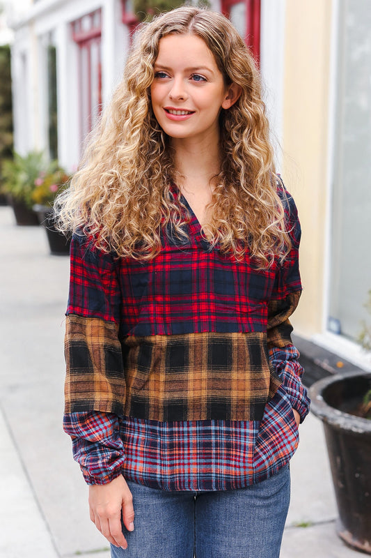 Red & Mustard Plaid Notched Neck Flannel Hoodie