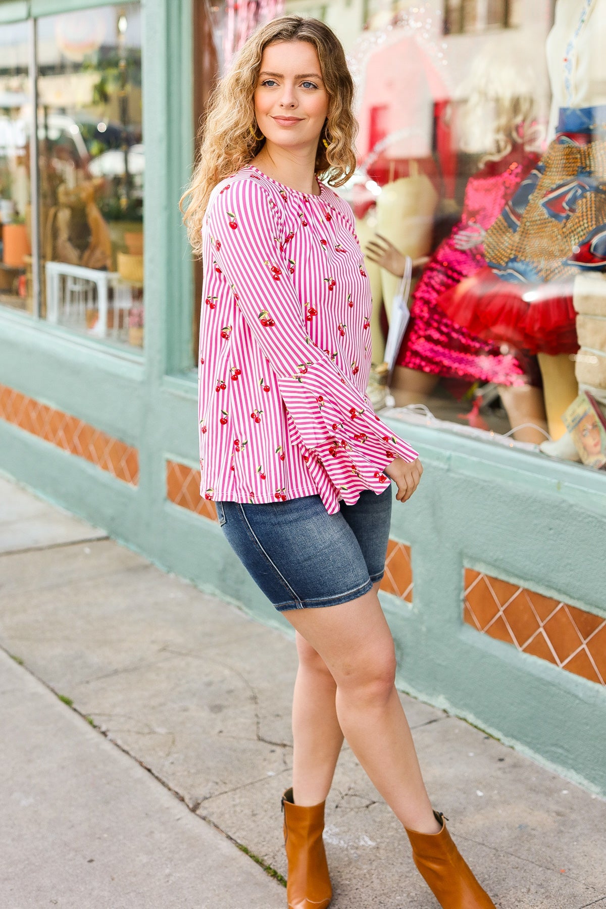 Pink Stripe & Cherries Bell Sleeve Top