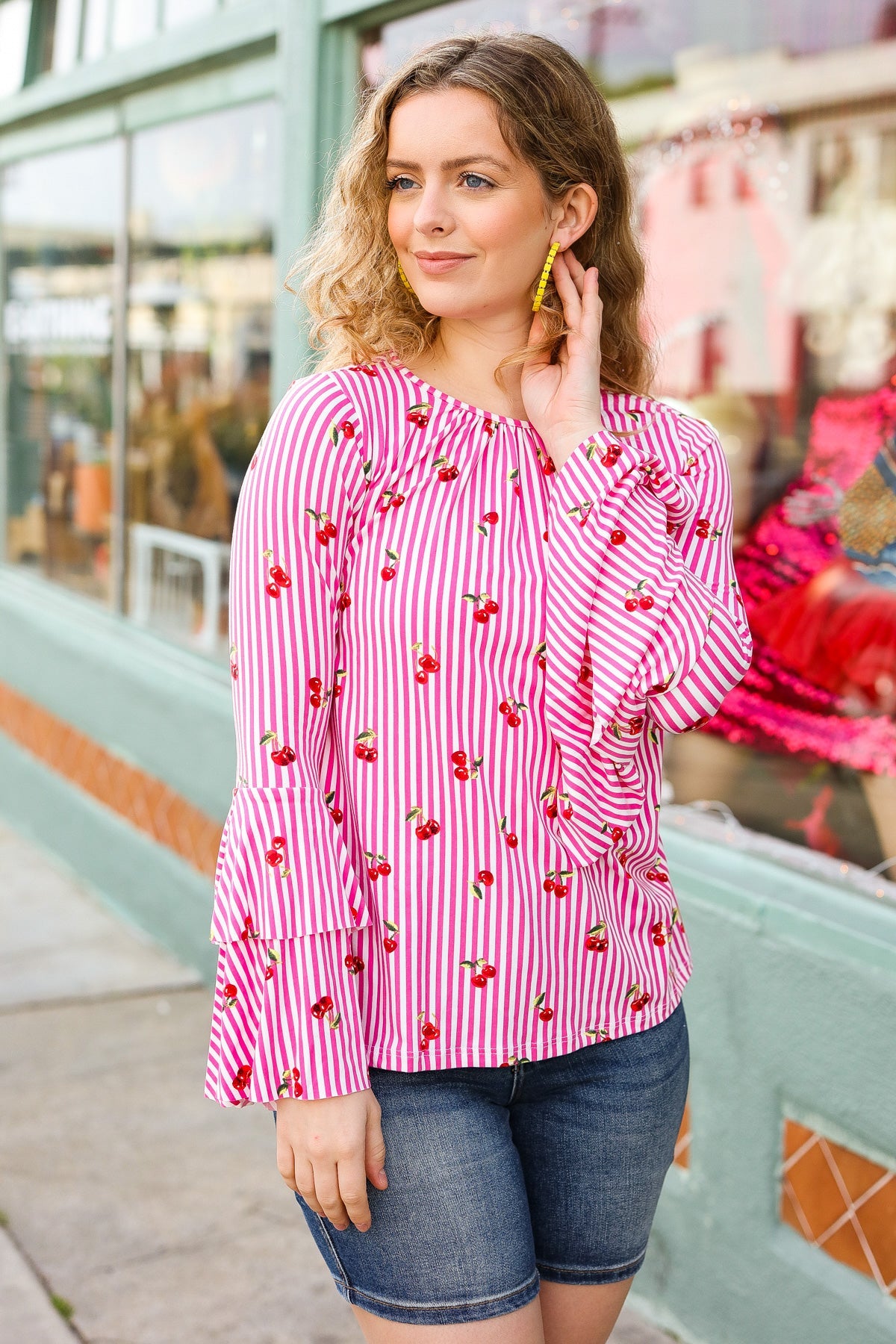 Pink Stripe & Cherries Bell Sleeve Top