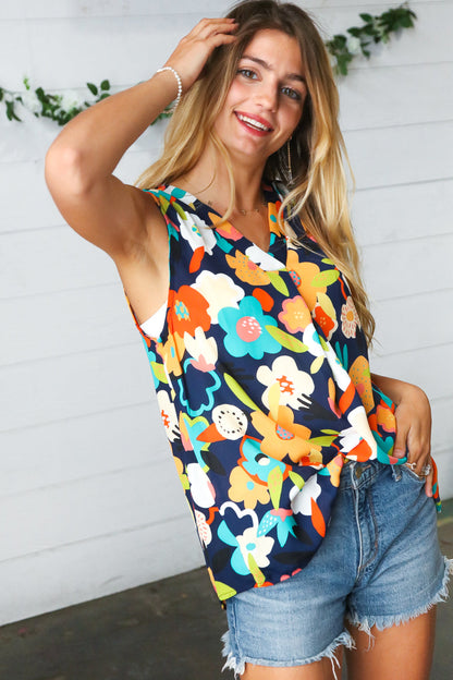 Navy Floral Banded V Neck Woven Tank Top