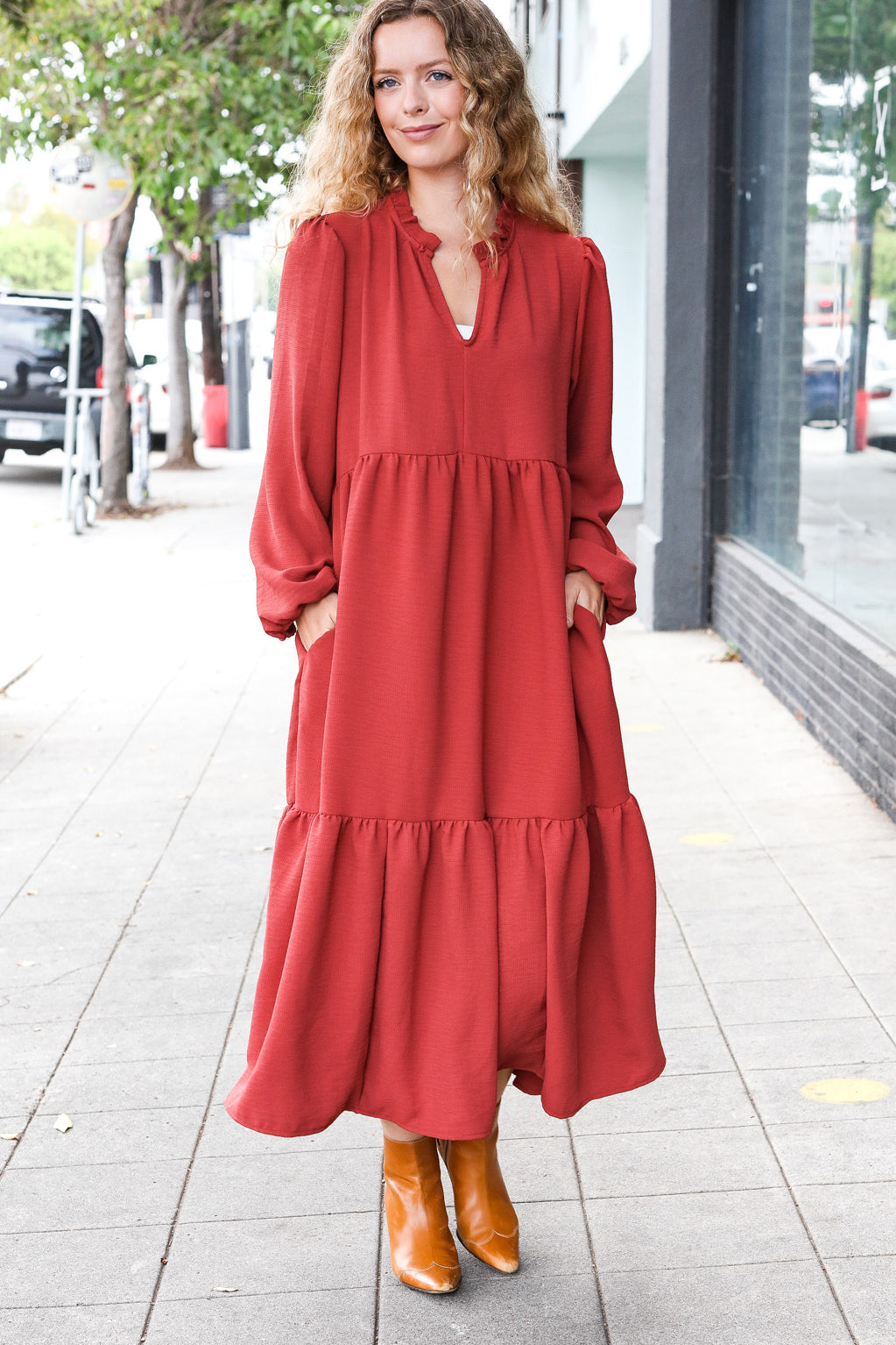 Spice Notched Neck Frill Hem Tiered Maxi Dress