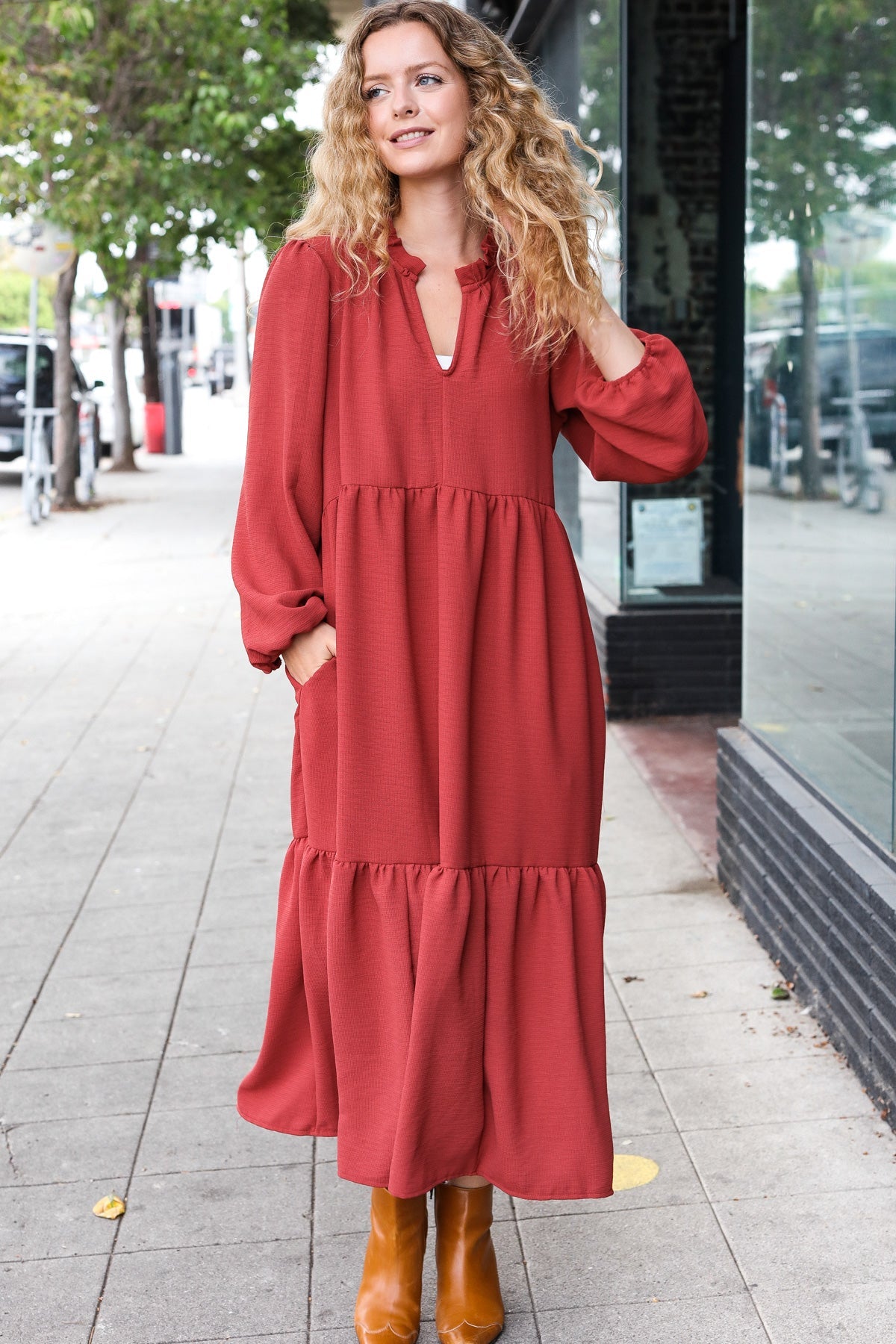 Spice Notched Neck Frill Hem Tiered Maxi Dress